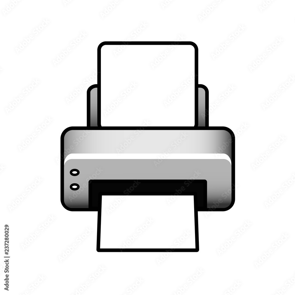 Realistic printer machine with white paper flat icon on white background. Business equipment. Vector illustration Realistic printer machine with white paper flat icon on white background. Business equipment. Vector illustration