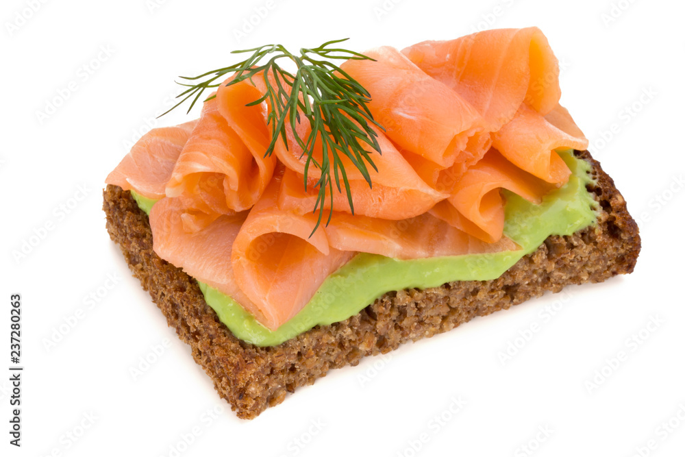 Bread with fresh salmon fillet isolated on white background, top view. Bread with fresh salmon fillet isolated on white background, top view.