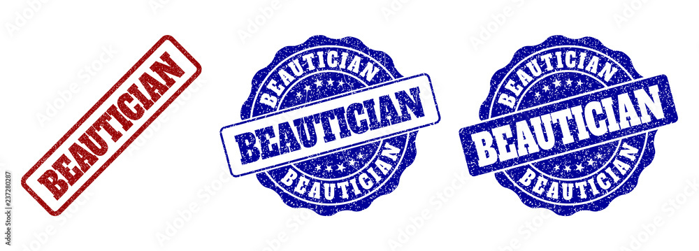 BEAUTICIAN grunge stamp seals in red and blue colors. Vector BEAUTICIAN labels with grunge texture. Graphic elements are rounded rectangles, rosettes, circles and text tags.