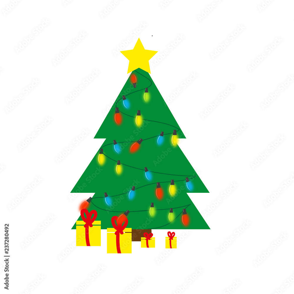 Christmas background with decorated tree and gift boxes. Colorful flat presents for holiday. Modern design. Christmas and New Year elements for decoration. Vector illustration isolated on white. Christmas background with decorated tree and gift boxes. Colorful flat presents for holiday. Modern design. Christmas and New Year elements for decoration. Vector illustration isolated on white.