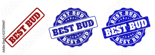 BEST BUD grunge stamp seals in red and blue colors. Vector BEST BUD marks with grunge surface. Graphic elements are rounded rectangles, rosettes, circles and text tags.