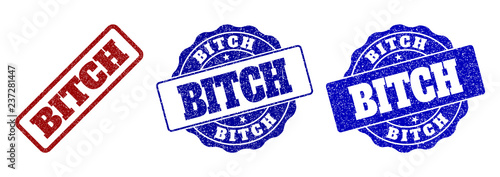 BITCH scratched stamp seals in red and blue colors. Vector BITCH imprints with grunge texture. Graphic elements are rounded rectangles, rosettes, circles and text labels.