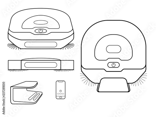 Set of robotic vacuum cleaners. Vacuum cleaners in different projections, as well as the base for charging the robot vacuum cleaners and control panel. Robots vacuum cleaners outline vector image. 