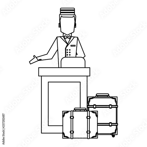 Bellboy with luggage black and white