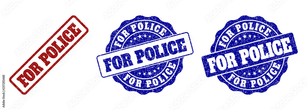 FOR POLICE grunge stamp seals in red and blue colors. Vector FOR POLICE overlays with grunge effect. Graphic elements are rounded rectangles, rosettes, circles and text labels. FOR POLICE grunge stamp seals in red and blue colors. Vector FOR POLICE overlays with grunge effect. Graphic elements are rounded rectangles, rosettes, circles and text labels.