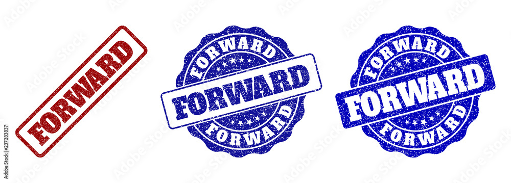 FORWARD scratched stamp seals in red and blue colors. Vector FORWARD labels with distress effect. Graphic elements are rounded rectangles, rosettes, circles and text labels.