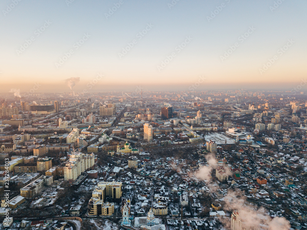 Fototapeta premium Evening winter Voronezh from drone point of view