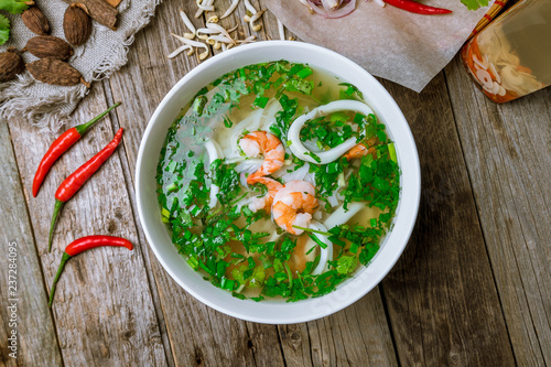 Vietnamese soup Pho with shrimp and squid