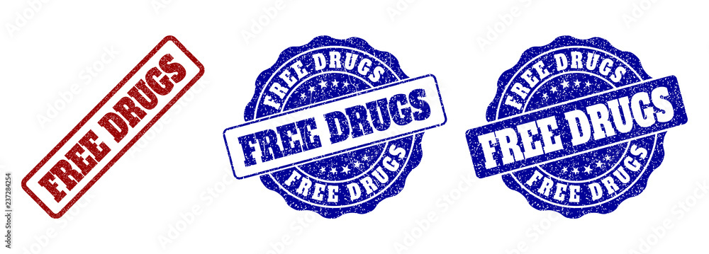 FREE DRUGS grunge stamp seals in red and blue colors. Vector FREE DRUGS watermarks with scratced effect. Graphic elements are rounded rectangles, rosettes, circles and text titles.