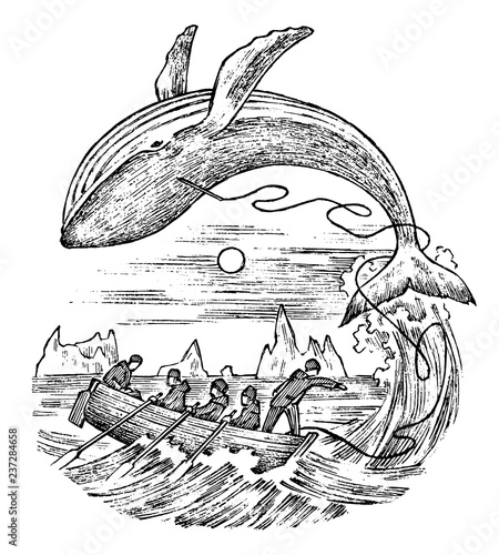 Whaling in the 18th and 19th century. Vintage seascape with hunters in boats with harpoons. scary killing of animals. Vintage style. Engraved hand drawn sketch.