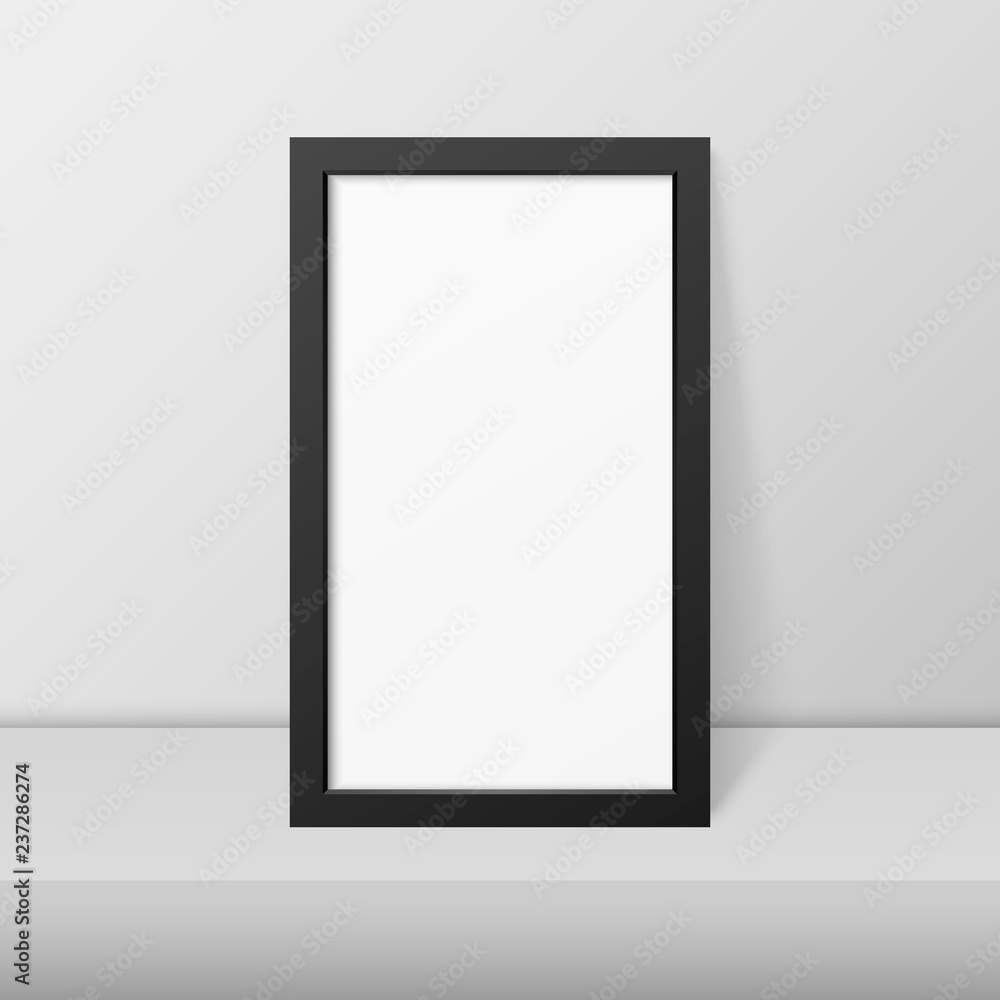 Vector 3d Realistic Modern Interior Black Blank Vertical Wooden Poster Picture Frame on Table, Shelf Closeup on White Wall, Mock-up. Empty Poster Frame Design Template for Mockup, Presentation Vector 3d Realistic Modern Interior Black Blank Vertical Wooden Poster Picture Frame on Table, Shelf Closeup on White Wall, Mock-up. Empty Poster Frame Design Template for Mockup, Presentation