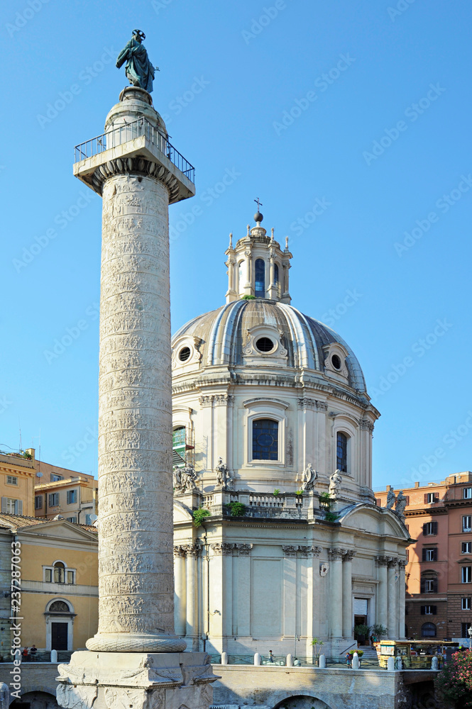 Trajan's Forum, the last Imperial fora to be constructed in ancient Rome and Church of the Most Holy Name of Mary known as Santissimo Nome di Maria al Foro Traiano, Rome, Italy