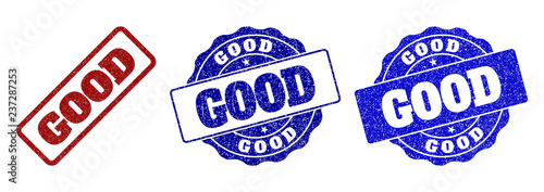 GOOD grunge stamp seals in red and blue colors. Vector GOOD signs with grunge texture. Graphic elements are rounded rectangles, rosettes, circles and text captions.
