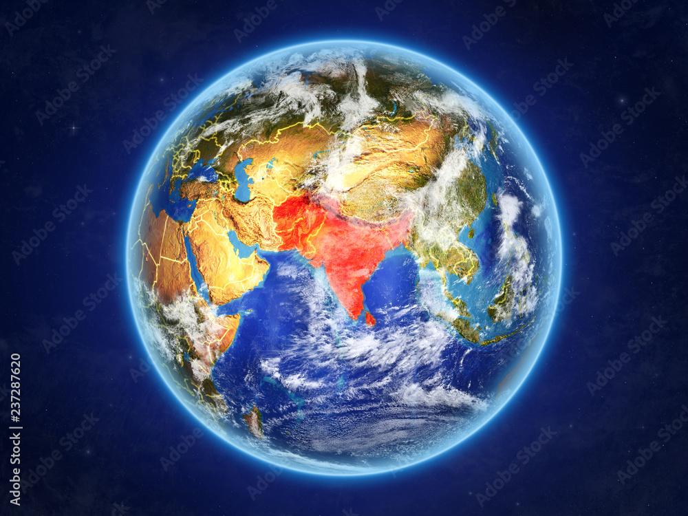 South Asia from space. Planet Earth with country borders and extremely high detail of planet surface and clouds.