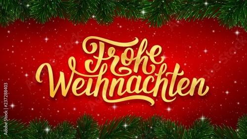Frohe Weihnachten german Merry Christmas gold calligraphy text in golden frame and border of fir tree branches on red background. Vector greeting card design