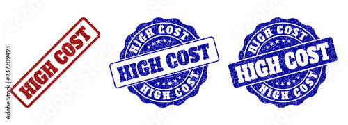 HIGH COST scratched stamp seals in red and blue colors. Vector HIGH COST signs with draft surface. Graphic elements are rounded rectangles, rosettes, circles and text titles.
