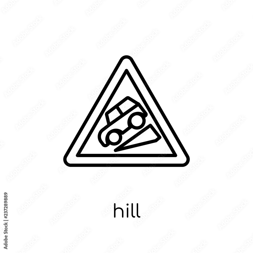 Hill sign icon. Trendy modern flat linear vector Hill sign icon on white background from thin line traffic sign collection Hill sign icon. Trendy modern flat linear vector Hill sign icon on white background from thin line traffic sign collection