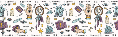 Seamless Vector Border, Spiritual Symbols and Well Being Concept Illustration on Meditation Healing with Candles, Crystals. Mindful Tarot Card Reading for Spiritual Insight. Lilac Purple Teal Blue