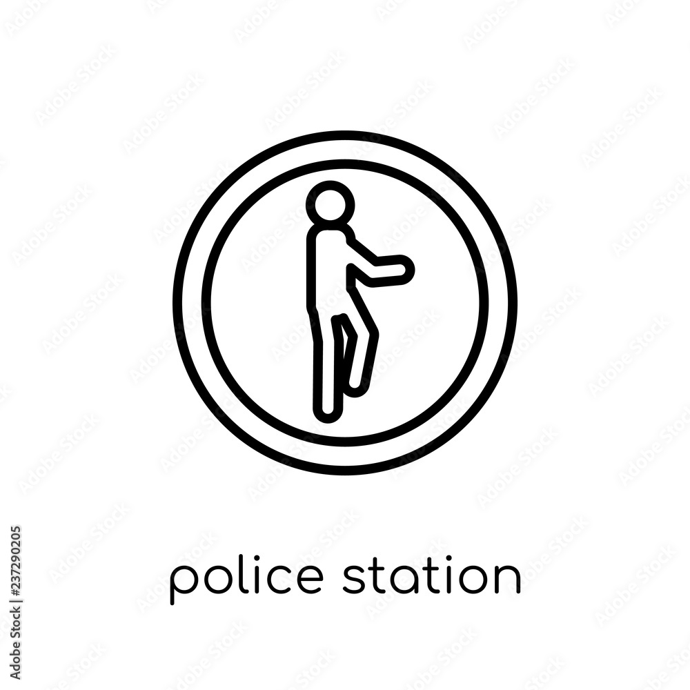 Police station sign icon. Trendy modern flat linear vector Police station sign icon on white background from thin line traffic sign collection Police station sign icon. Trendy modern flat linear vector Police station sign icon on white background from thin line traffic sign collection
