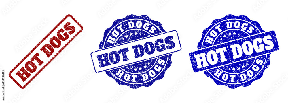 HOT DOGS grunge stamp seals in red and blue colors. Vector HOT DOGS overlays with grunge style. Graphic elements are rounded rectangles, rosettes, circles and text tags. HOT DOGS grunge stamp seals in red and blue colors. Vector HOT DOGS overlays with grunge style. Graphic elements are rounded rectangles, rosettes, circles and text tags.