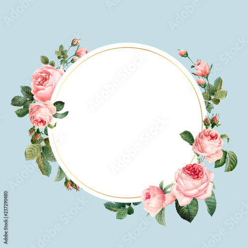 Blank round pink roses frame vector on blue background