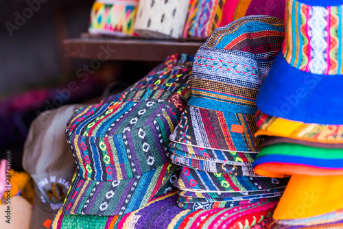 Hats on the shelf in the store in San Pedro de Atacama, Chile. Close-up. © ggfoto