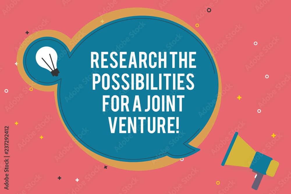 Text sign showing Research The Possibilities For A Joint Venture. Conceptual photo Make a partnership deal Blank Round Speech Bubble with Bulb Idea Icon Sticker Style and Megaphone