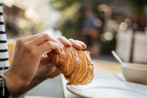 Morning breakfast with croissant photo