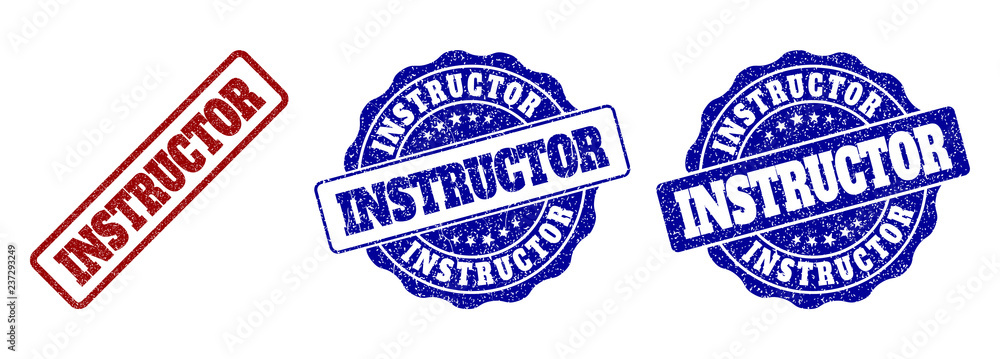 INSTRUCTOR grunge stamp seals in red and blue colors. Vector INSTRUCTOR watermarks with grunge effect. Graphic elements are rounded rectangles, rosettes, circles and text labels.