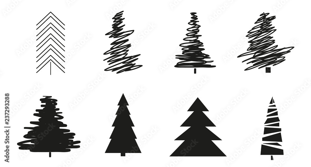 Obraz premium Christmas trees on white. Set for design on isolated background. Geometric art. Objects for polygraphy, posters, t-shirts and textiles. Black and white illustration