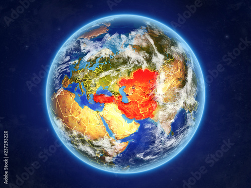 ECO member states from space. Planet Earth with country borders and extremely high detail of planet surface and clouds.