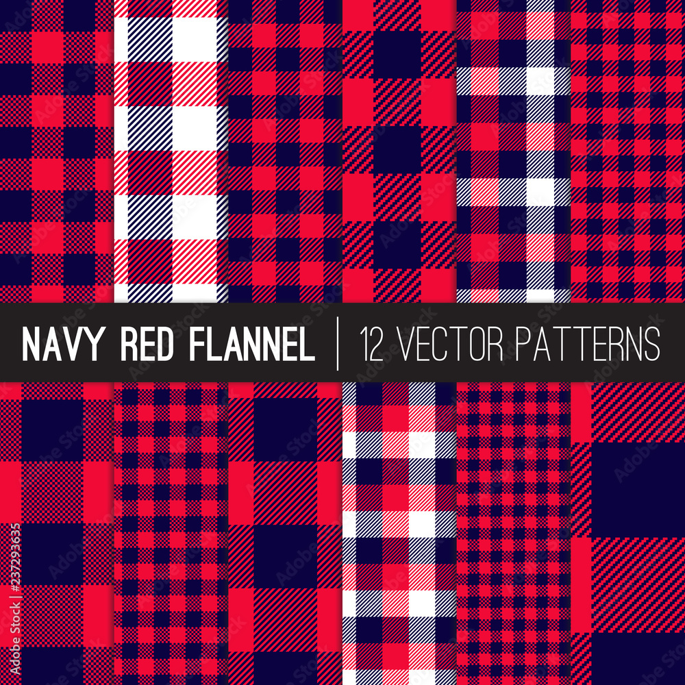 Navy Blue and Red Buffalo Check and Gingham Plaid Vector Patterns