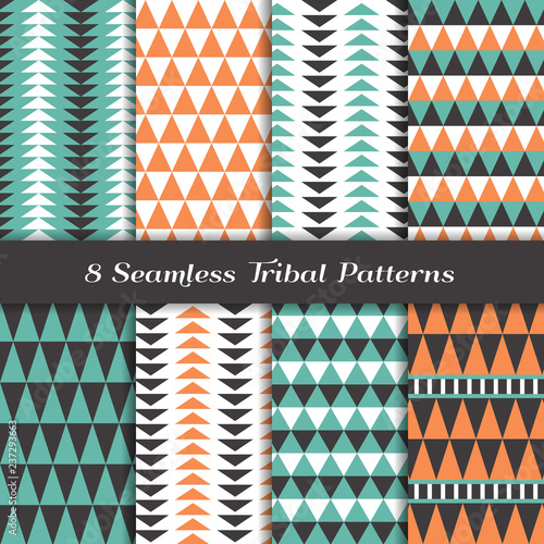 South Western Vector Patterns in Emerald Green, Nectarine Orange, Charcoal and White. Tribal Style Geometric Textures. Repeating Pattern Tile Swatches Included.
