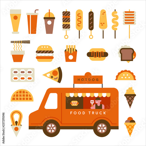 food truck and various kind of menu. flat design vector graphic style.