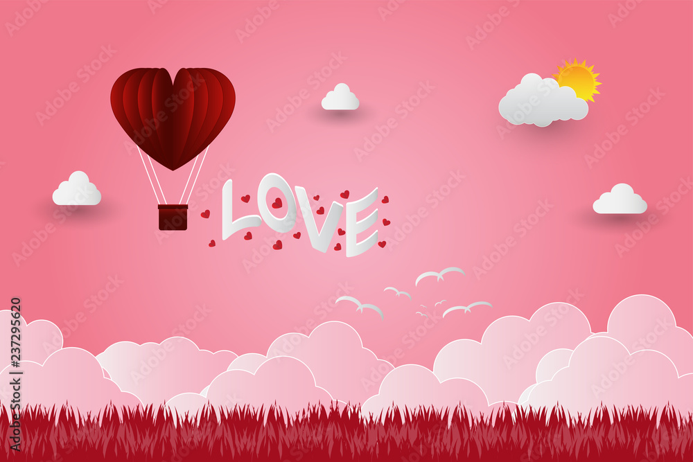 Fototapeta Valentine's day balloons in a heart shaped flying over grass view background, paper art style. vector illustrator