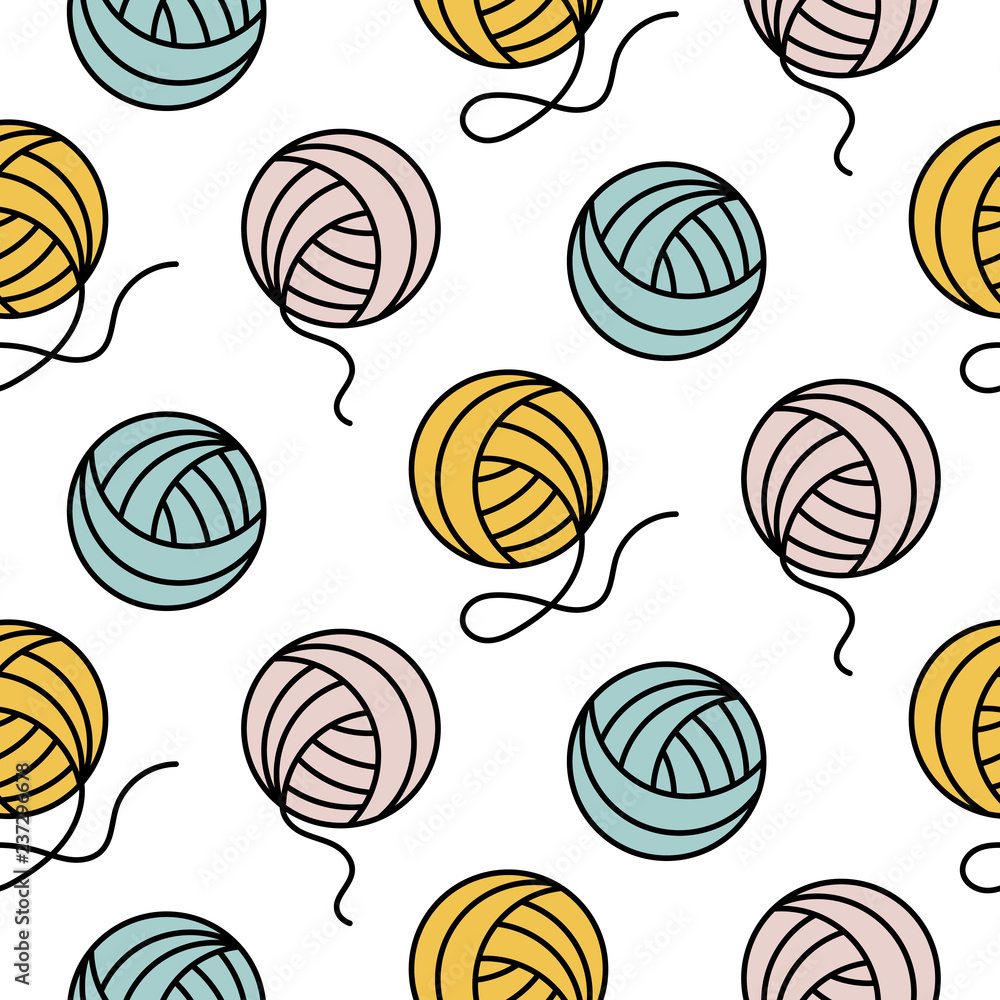 Yarn ball pattern for girls prints. Vector seamless hobby background.