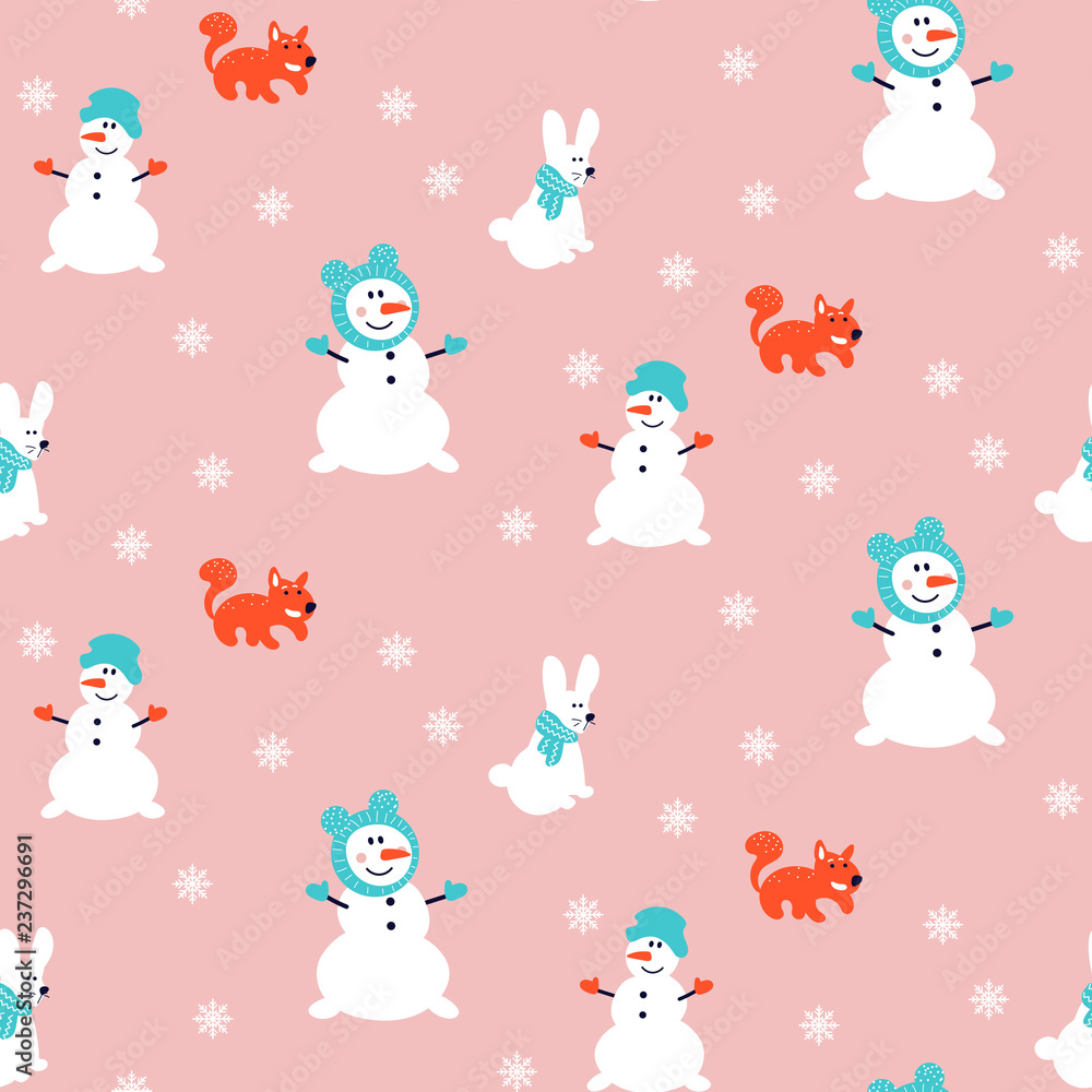 Snowman vector pattern seamless pink background. Snowflakes, squirrels and bunny winter theme.