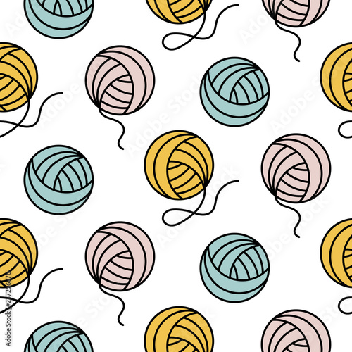 Yarn ball pattern for girls prints. Vector seamless hobby background.