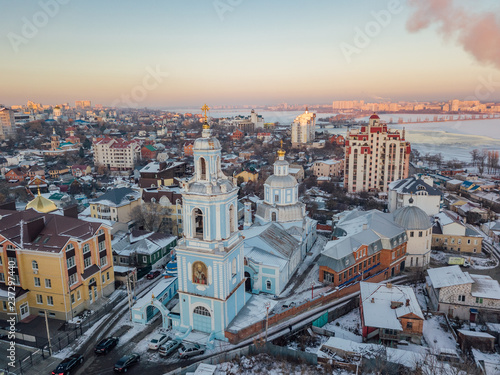 Evening winter Voronezh, aerial view from drone. Church of St. Nicholas