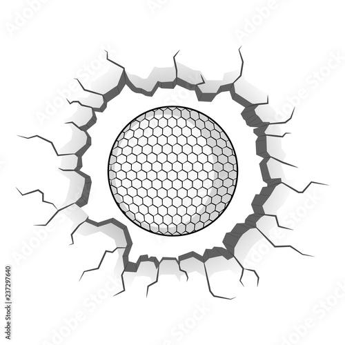 Golf ball stuck on a wall crack. Vector illustration design