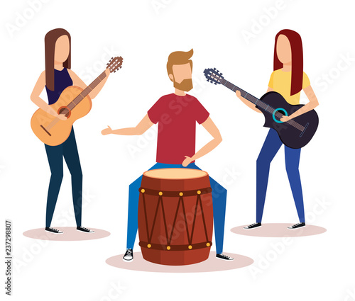 man playing bongo and girls playing guitars