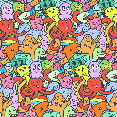 Fototapeta Naklejka Na Ścianę i Meble -  Funny doodle monsters seamless pattern for prints, designs and coloring books