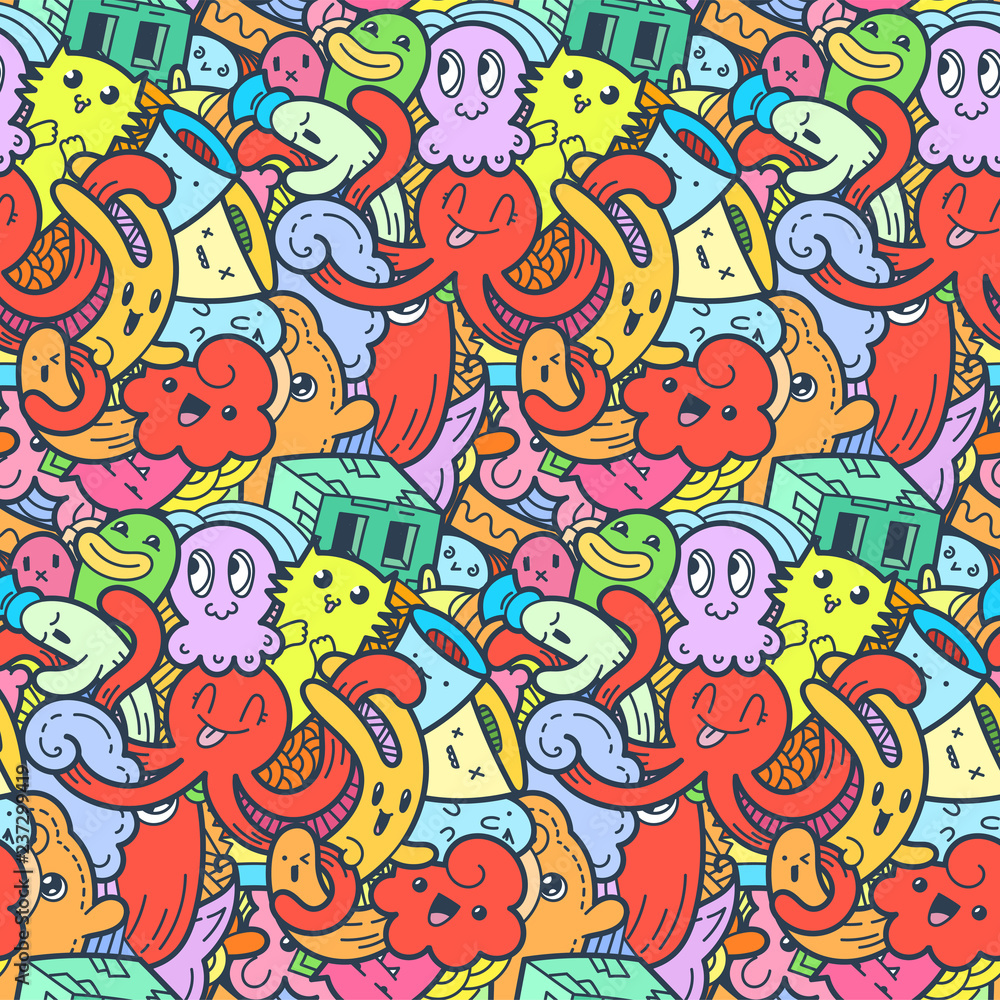 Funny doodle monsters seamless pattern for prints, designs and coloring books