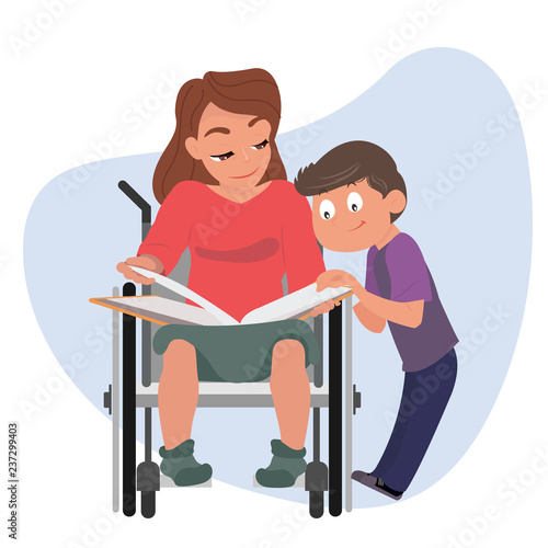 Woman in wheelchair and boy kid read and look into a book