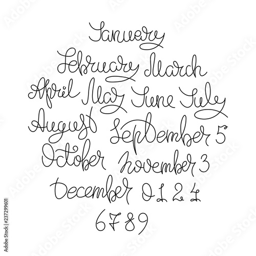 Calendar collection of months and numbers for all year, week, seasons. Ink modern brush calligraphy