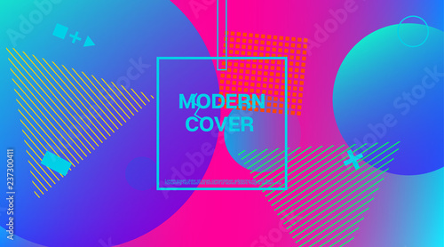 Memphis Minimal Cover Horizontal Vector Template. Neon Gradient Overlay, Small Space Particles Background. Geometric Memphis Design Elements, Horizontal Music Poster. Vintage Elemets Business Design.