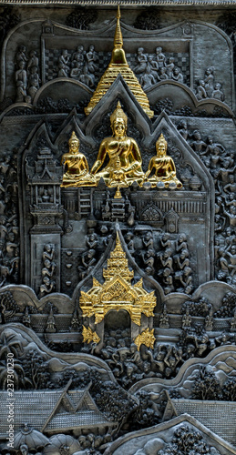 The silver pattern carve design on the wall temple at Chiang Mai Thailand. 