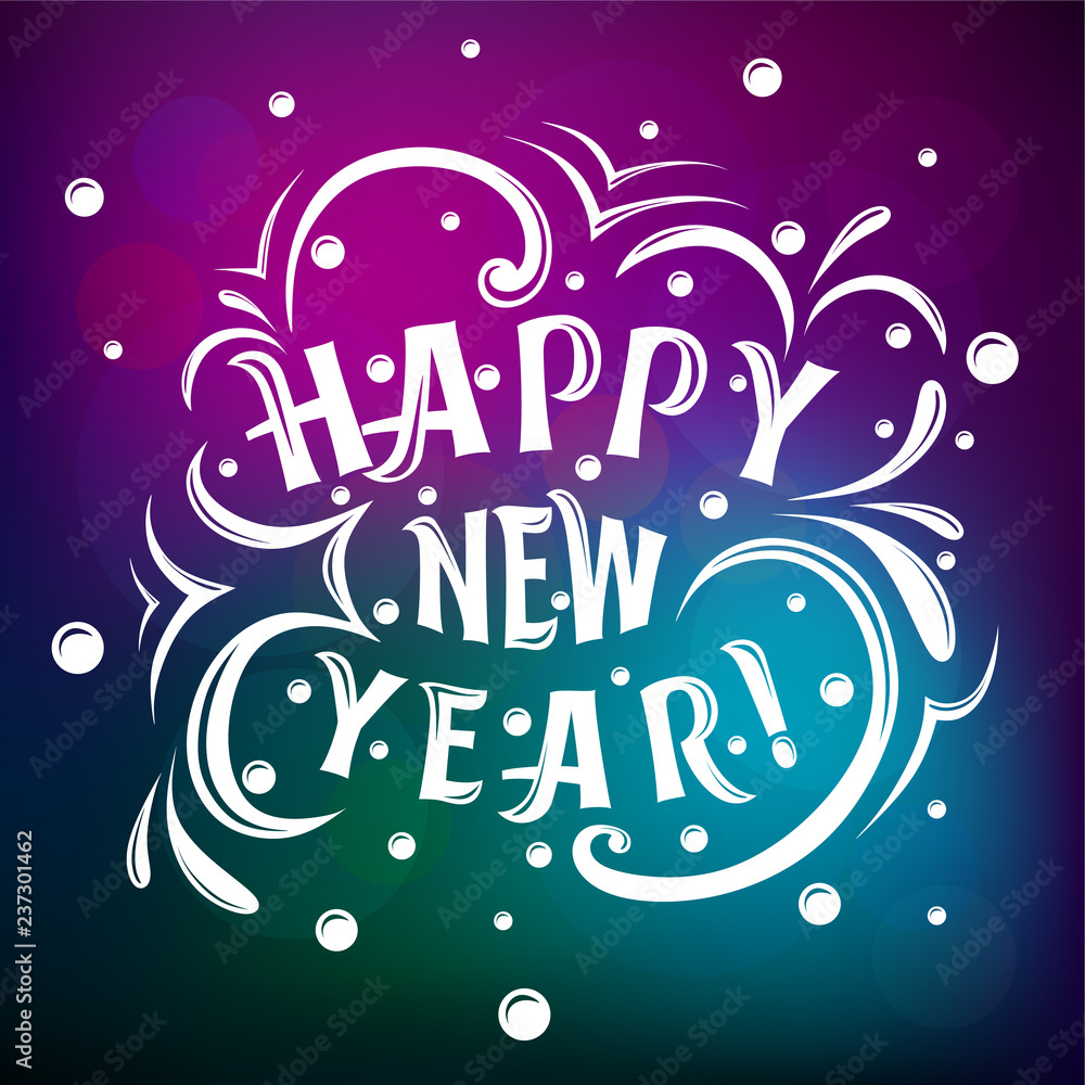 Happy New Year! lettering with curls and snow on disco background with highlights, glow, neon glow. vector eps10