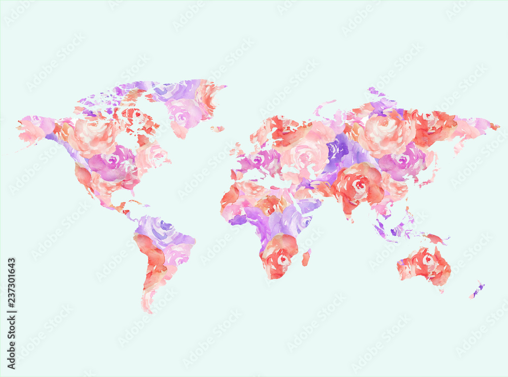 Fototapeta premium Watercolor Flower Map of Globe. World Art Print
