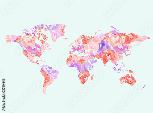 Watercolor Flower Map of Globe. World Art Print